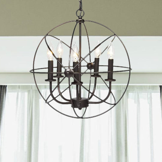 Vintage Metal Strap Globe Chandelier Pendant Light - 5 Bulb Hanging Lamp In Black Ideal For
