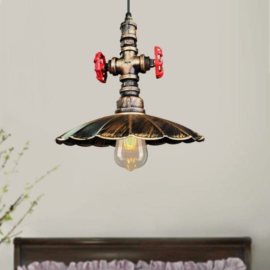 Rustic Brass Scalloped Ceiling Pendant Light With Pipe And Valve
