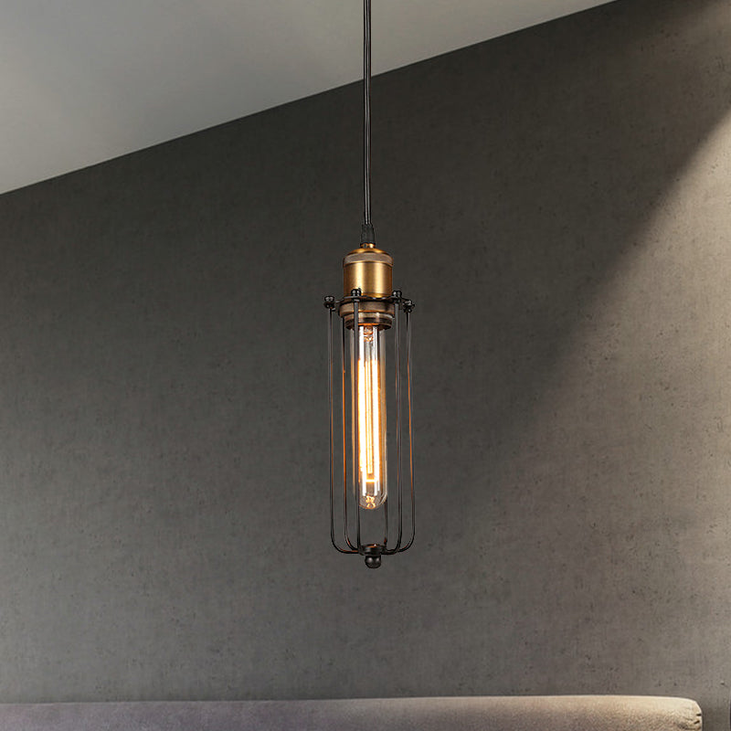 Industrial Brass Finish Tubed Pendant Lighting With Cage Shade - 1 Head Metal Hanging Ceiling Light