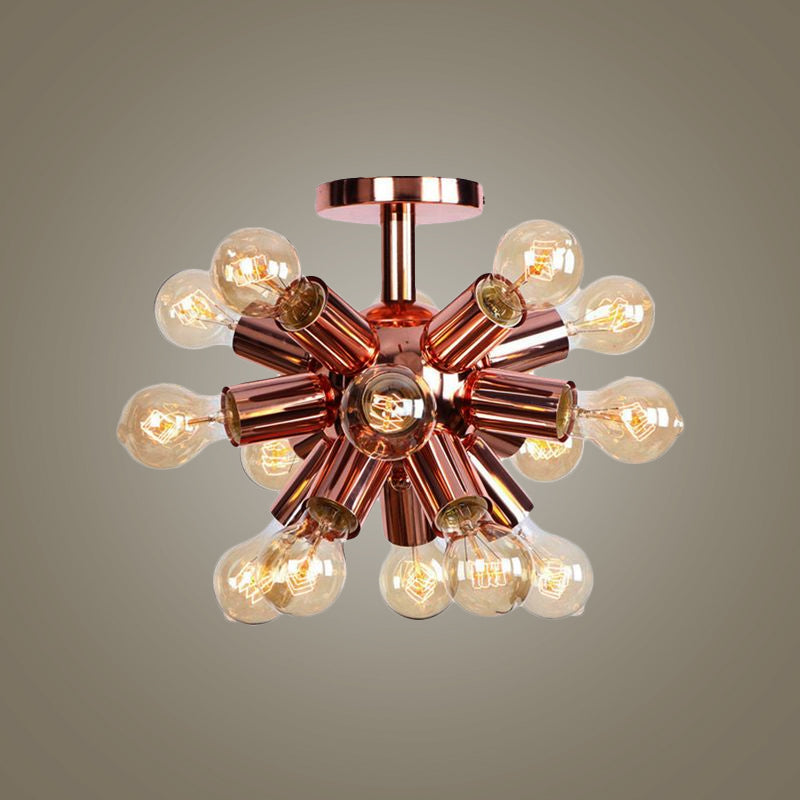 Vintage Copper Starburst Ceiling Light With Bare Bulb - Ideal For Restaurants (6/9 Heads)