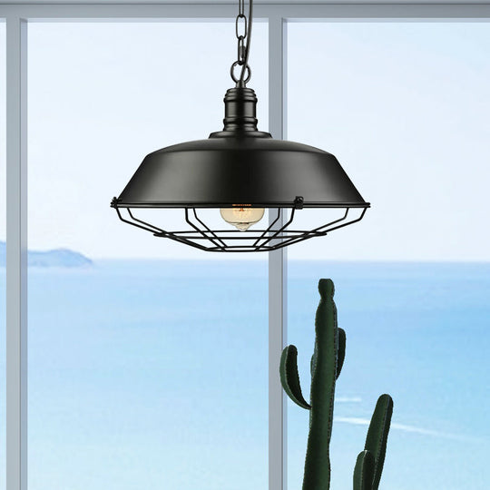Industrial Black Wire Cage Pendant With Barn Shade - Ceiling Or Dining Table Hanging Fixture
