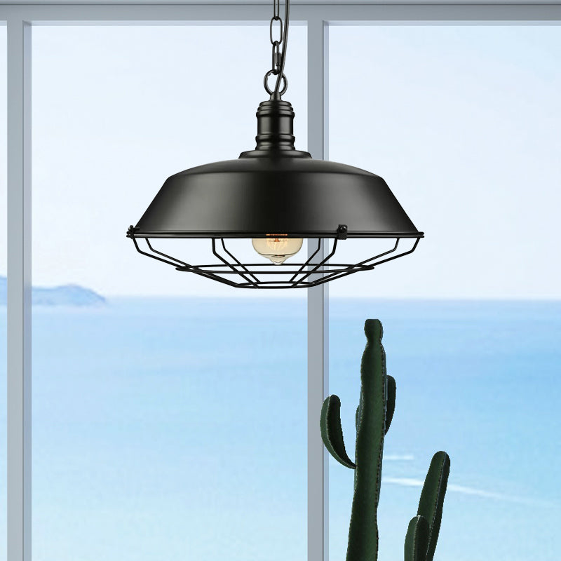 Industrial Wire Cage Pendant Light With Barn Shade - Black