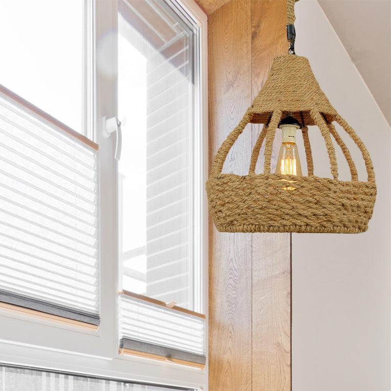 Rustic Brown Rope Dome Pendant Light For Country Balcony Suspension