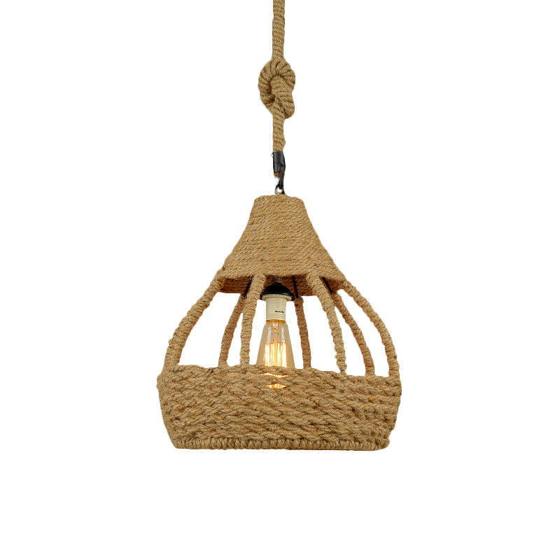 Rustic Brown Rope Dome Pendant Light For Country Balcony Suspension