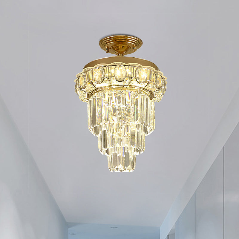 Modern Gold Finish Led Crystal Block Ceiling Lamp - Semi Mount Lighting Clear / A