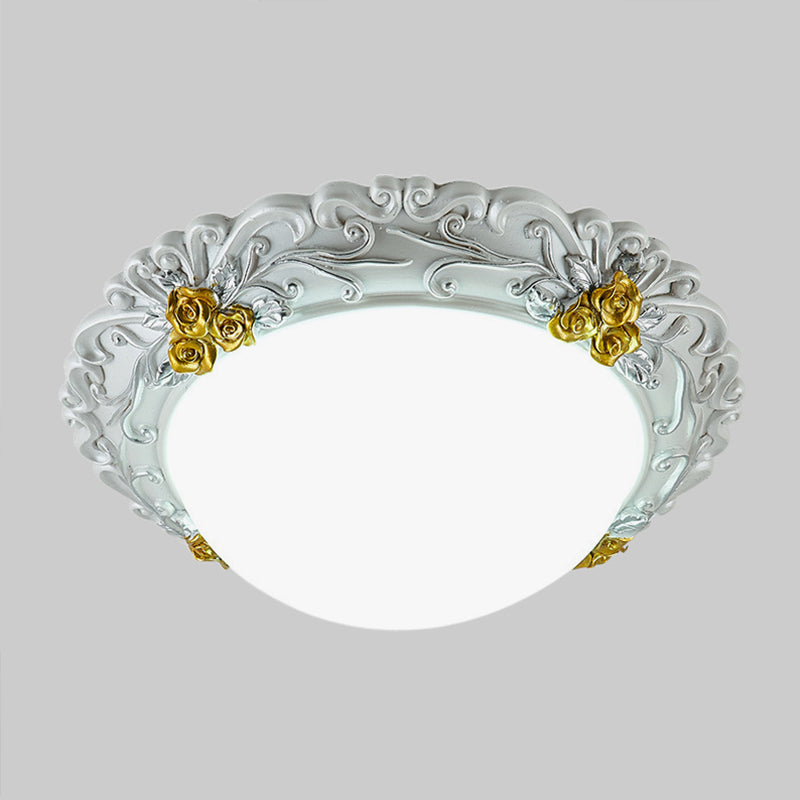 Milky Glass Led Ceiling Fixture - Traditional Semi-Orb Flush Mount Light With White And Gold/Brown
