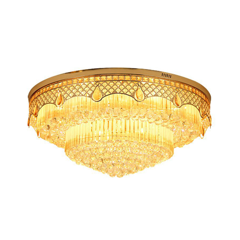 Modern Gold Finish Flush Mount Ceiling Light With 6 Tapered Bulbs And Crystal Balls