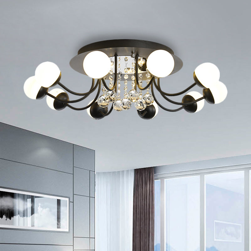 Hand-Cut Crystal Sphere Ceiling Light With Modern Design: 10/12-Head Black/White Mounting For Parlor
