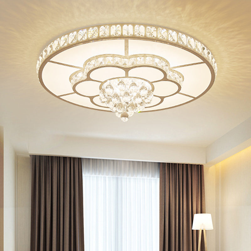 Contemporary Flower Led Ceiling Lamp With Faceted Crystal Flush Mount In White - 19.5/23.5 Wide /