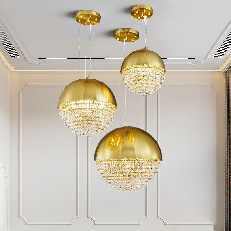 Modern Crystal Led Pendant Light Fixture With Gold Dome Elegant Suspension Lighting For Dining Room