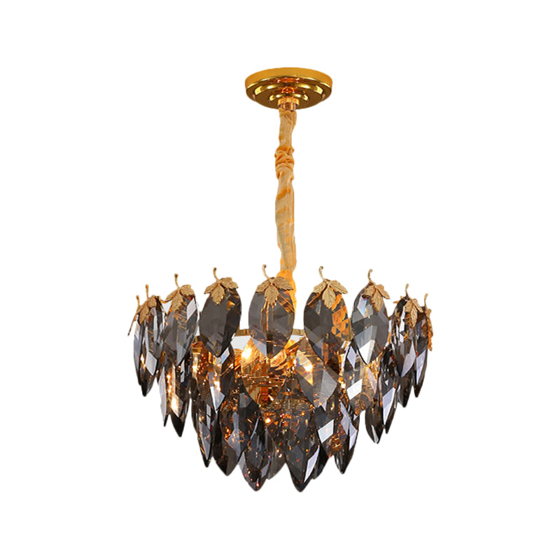 Modern Gold Crystal Leaf Chandelier With Tapered Design - 4 Heads Coffee Shop Suspension Light