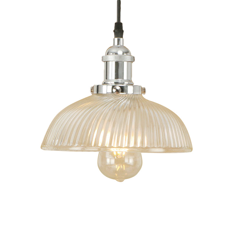 1-Light Ribbed Glass Dome Pendant Ceiling Light For Industrial & Rustic Settings.