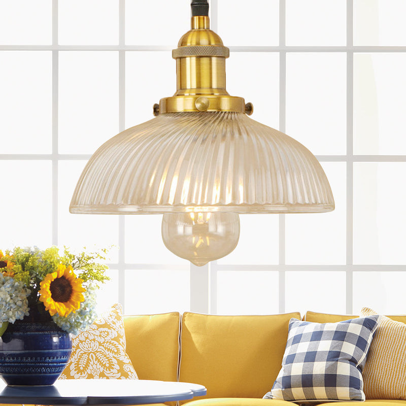 1-Light Ribbed Glass Dome Pendant Ceiling Light For Industrial & Rustic Settings.