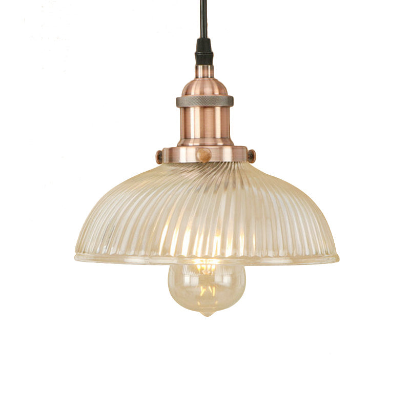 1-Light Ribbed Glass Dome Pendant Ceiling Light For Industrial & Rustic Settings.