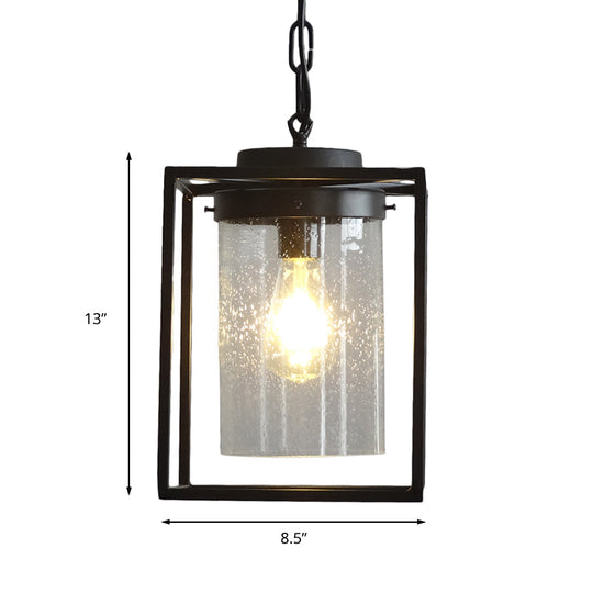 Industrial Seeded Glass Pendant With Black Cage For Indoor Lighting