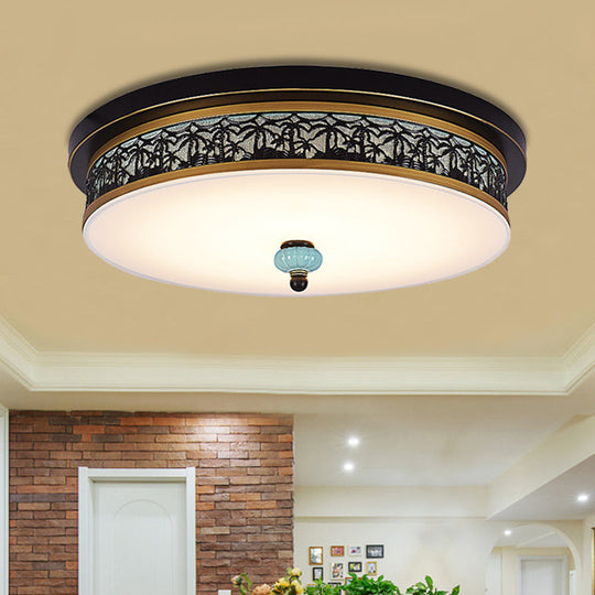 16’ - 19.5’ W Led Flush Mount Ceiling Light Fixture | Black - Gold Opal Glass Drum Dining Hall / B