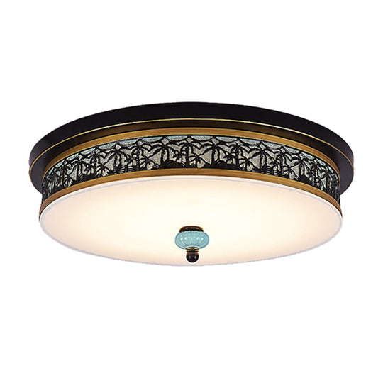 16’ - 19.5’ W Led Flush Mount Ceiling Light Fixture | Black - Gold Opal Glass Drum Dining Hall