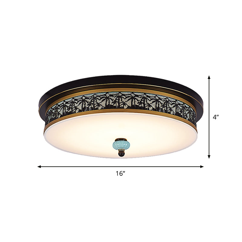 16’ - 19.5’ W Led Flush Mount Ceiling Light Fixture | Black - Gold Opal Glass Drum Dining Hall