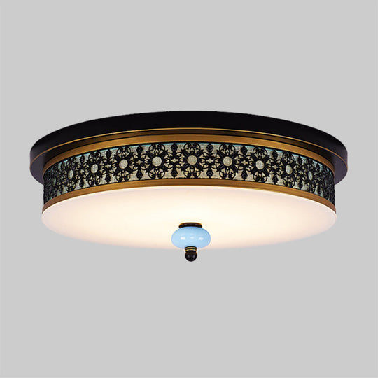 16’ - 19.5’ W Led Flush Mount Ceiling Light Fixture | Black - Gold Opal Glass Drum Dining Hall