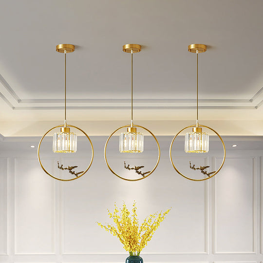 Modern Gold Circle Suspension Pendant With Decorative Bird/Dragonfly - Crystal Cylinder Dining Room