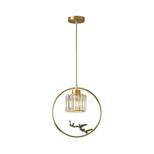 Modern Gold Circle Suspension Pendant With Decorative Bird/Dragonfly - Crystal Cylinder Dining Room