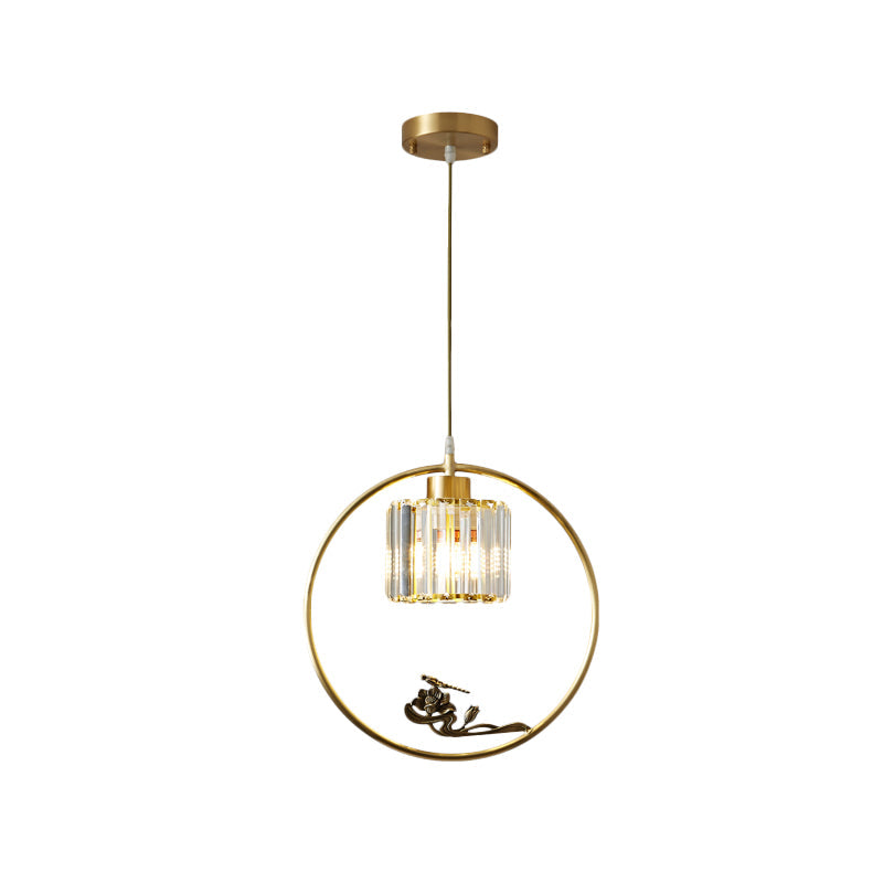 Modern Gold Circle Suspension Pendant With Decorative Bird/Dragonfly - Crystal Cylinder Dining Room