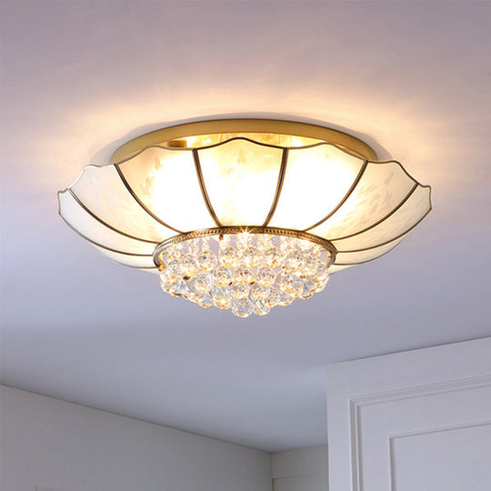 Milky Glass Scalloped Flush Light - 4/6 Lights Bedroom Mount With Crystal Ball
