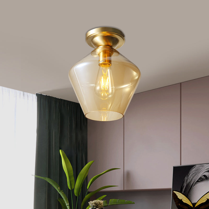 Mid Century Glamour: Cognac Glass Diamond Shaped Brass Flush Mount Ceiling Lamp - Single 9’/15’