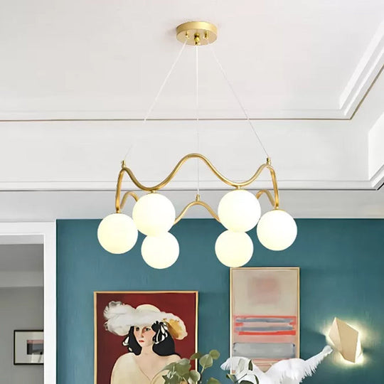 Modern Brass Chandelier With 6-Lights Iron Wave Pendant Ceiling Light Clear/White Double Ball Glass