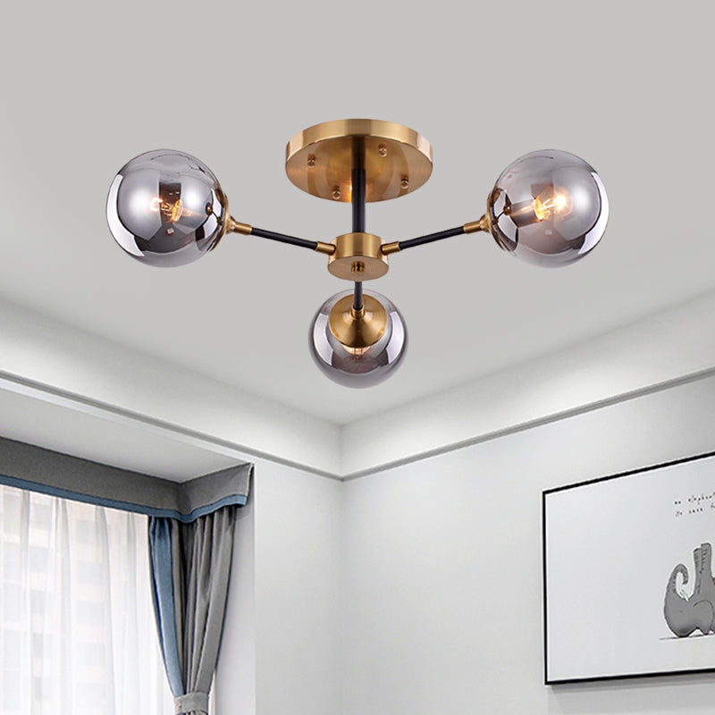 Postmodern Radial Smoke Glass Semi Flush Ceiling Chandelier - Brass & Black 3/6 Heads