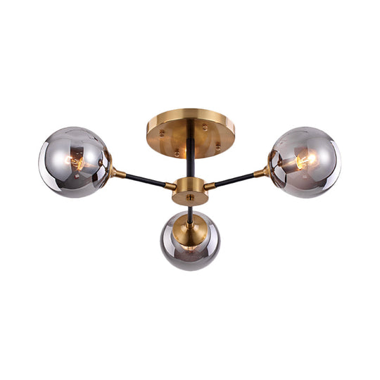 Postmodern Radial Smoke Glass Semi Flush Ceiling Chandelier - Brass & Black 3/6 Heads