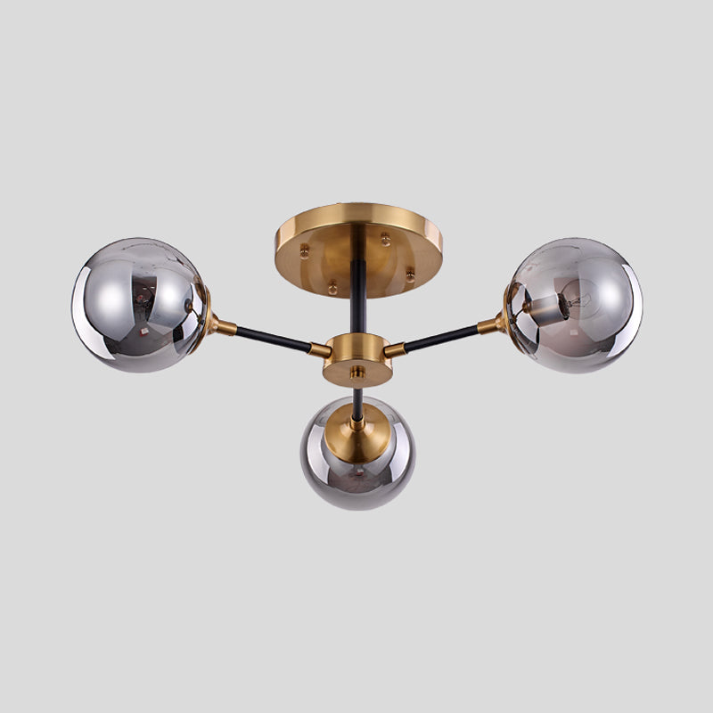 Modern Smoke Glass Semi Flush Mount Chandelier - Brass Black 3/6 Heads