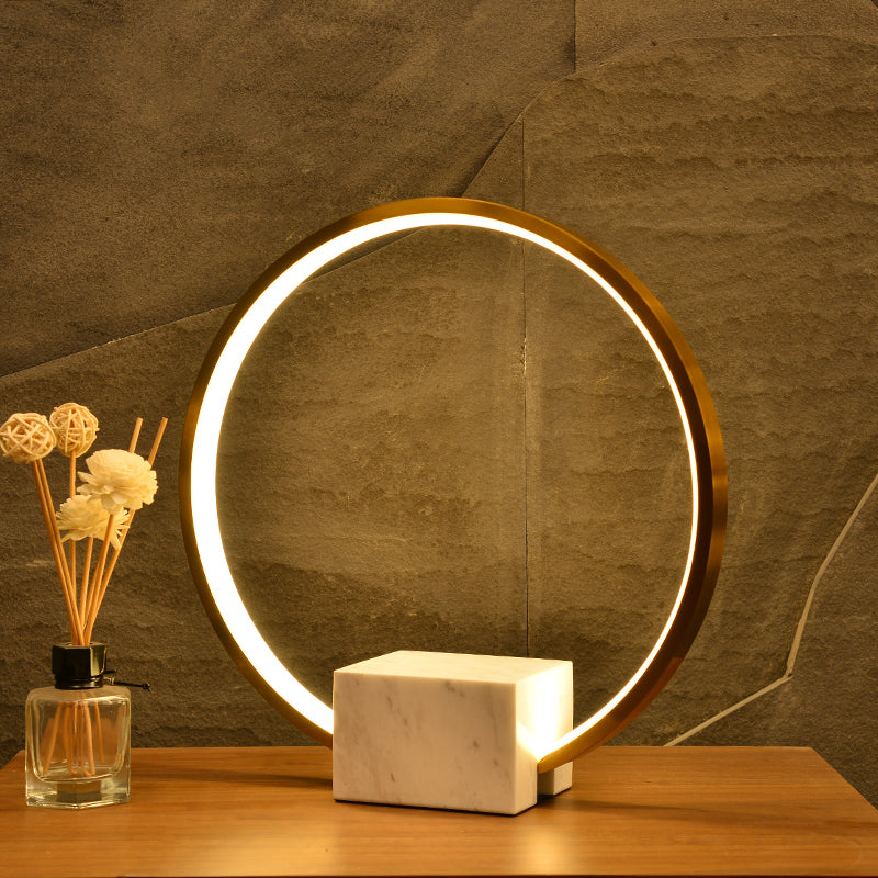 Minimalist Gold Hoop Led Table Lamp With Marble Block Pedestal