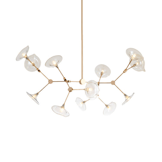 Modern Gold Chandelier With Flared Cognac Glass Shades - 12 Heads Pendant Light For Living Room