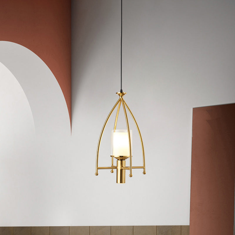 Mid Century Matte Glass Dual Shade Cylinder Pendant With Gold Cage Guard - 1-Light Hanging Light