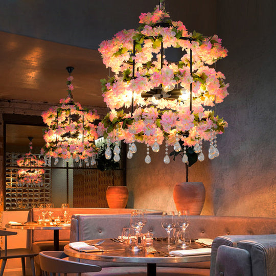 Iron Chandelier With Antique Black Finish Cylindrical Cage Design Crystal Drops And 6 Bulbs -