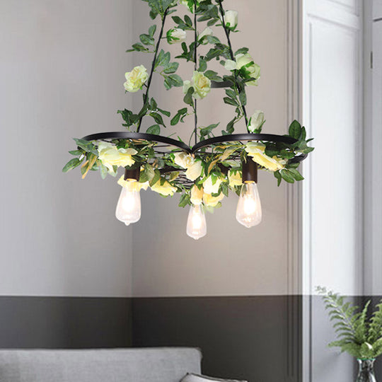 Retro Wheel Iron Chandelier Pendant Light With Plant Decor - Black 3/6 Heads