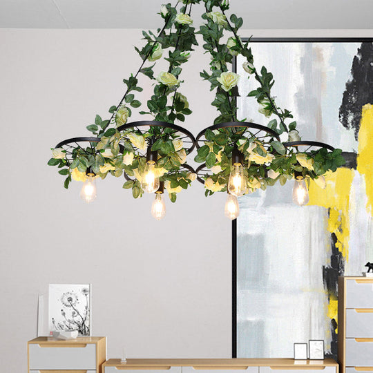 Retro Wheel Iron Chandelier Pendant Light With Plant Decor - Black 3/6 Heads 6 /