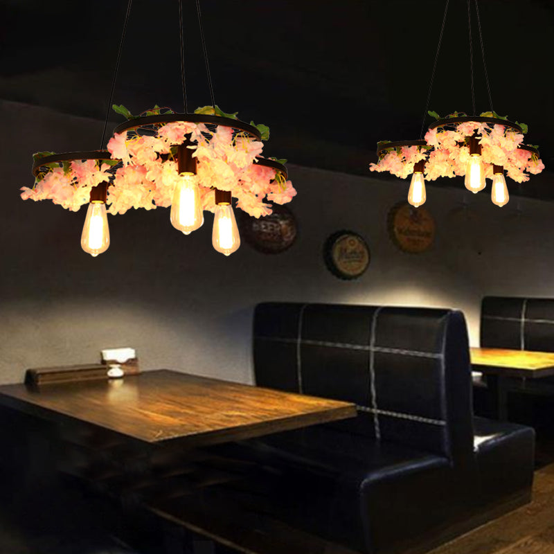 Vintage Iron Chandelier With Flower Detail - 3/6 Head Pendant Light In Black