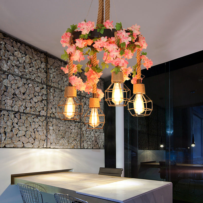 Retro Black Hemp Rope Orb Chandelier With 4/8 Lights And Flower Decoration 4 /