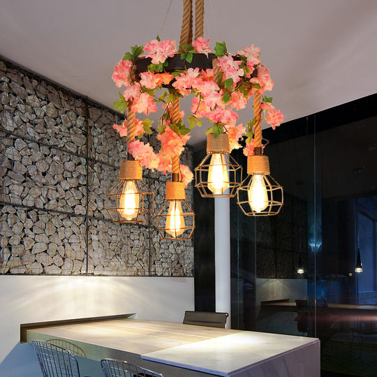 Retro Black Hemp Rope Orb Chandelier With 4/8 Lights And Flower Decoration 4 /