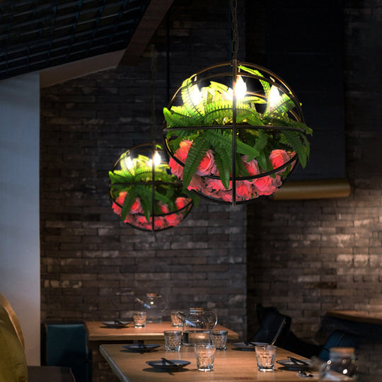 Modern Orb Cage Iron Chandelier With 4 Lights - Elegant Ceiling Hang Fixture In Black Rose And Leaf