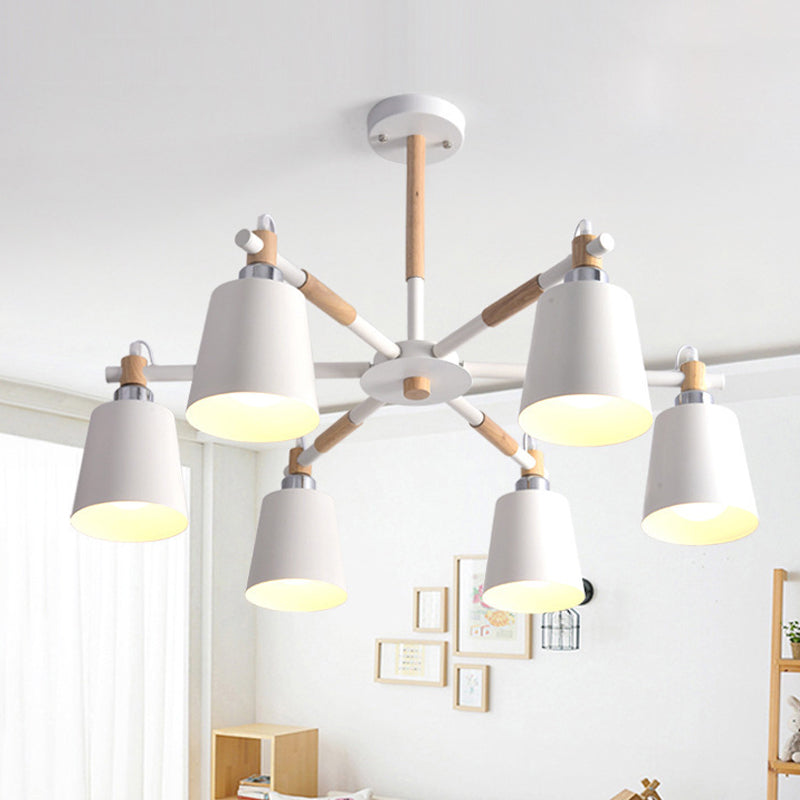 Nordic Metal Chandelier Light With 6 Bulbs & Wooden Arm - Black/White Suspension Lamp For Living