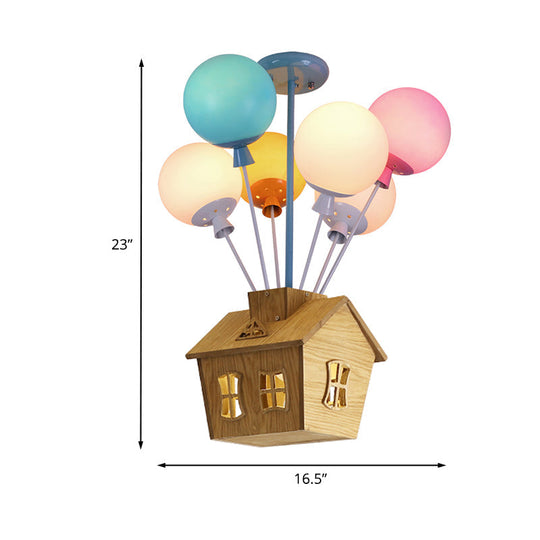 Wooden House Kids Ceiling Flush With Balloon Nursery Semi Light Glass - 6 Lights Blue-Pink-Yellow