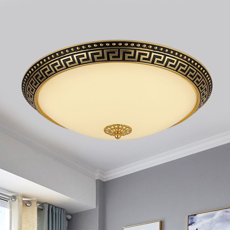 Frosted Glass Ceiling Fixture - Rustic Led Bedroom Flush Mount Lighting In Brass (Bowl Design