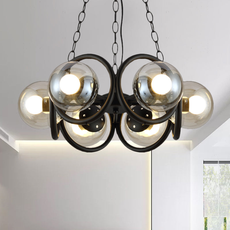 Industrial Black Chandelier Light With Clear Glass Globes And Round Cage - 6/8 Bulbs Pendant Fixture