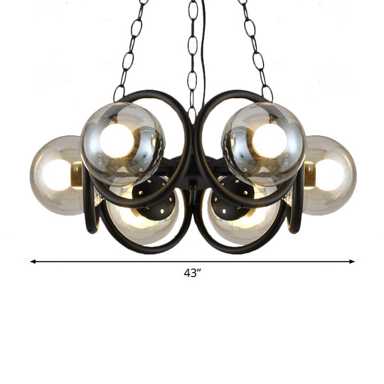 Industrial Black Chandelier Light With Clear Glass Globes And Round Cage - 6/8 Bulbs Pendant Fixture