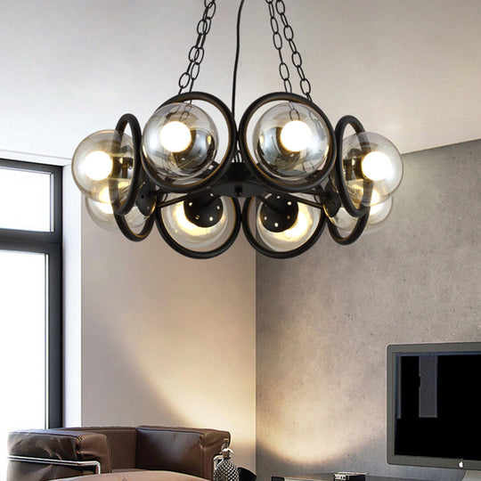 Industrial Black Chandelier Light With Clear Glass Globes And Round Cage - 6/8 Bulbs Pendant Fixture