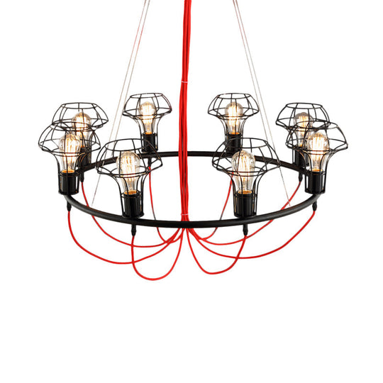 Iron Mushroom Cage Chandelier Light Industrial Pendant Lamp - 8 Heads Black Ideal For Restaurants