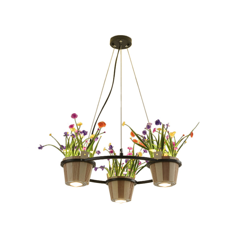 Industrial Wooden Ceiling Chandelier - Round Pendant With Potted Plant In Black 3/6/9 Lights